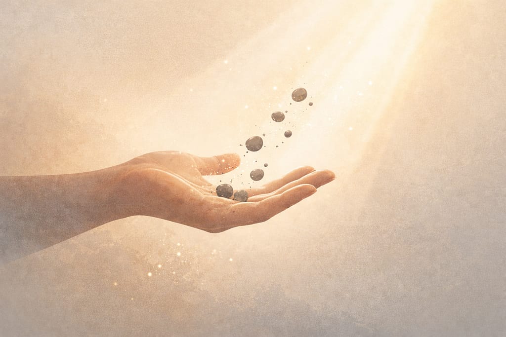 Open hand releasing dark stones that dissolve into light, symbolising letting go of offence and embracing forgiveness.