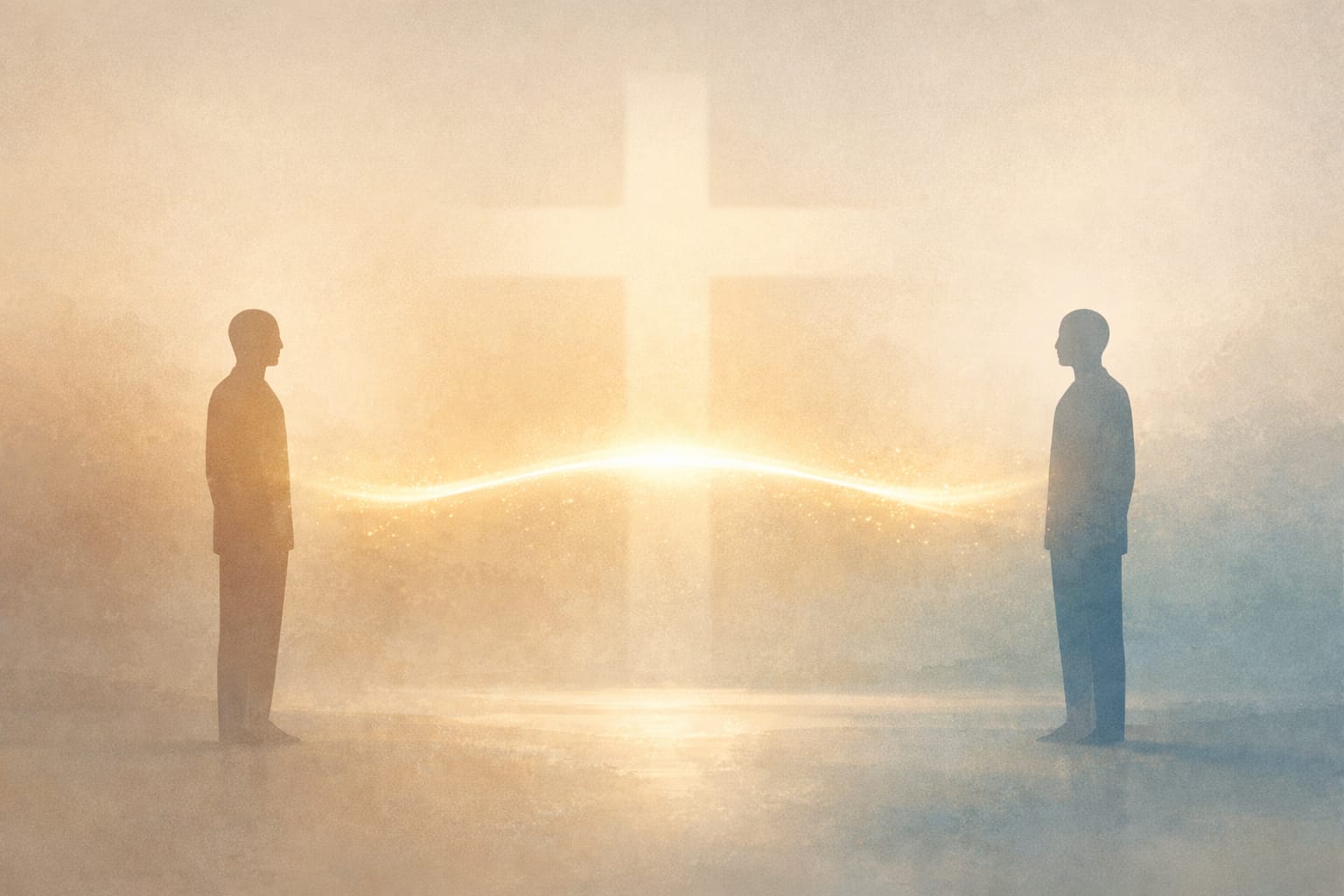 Two abstract human silhouettes standing apart with a soft glowing light forming a bridge between them, symbolising forgiveness and reconciliation.