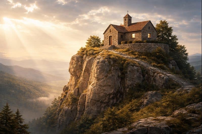 Stone house on a rugged cliff